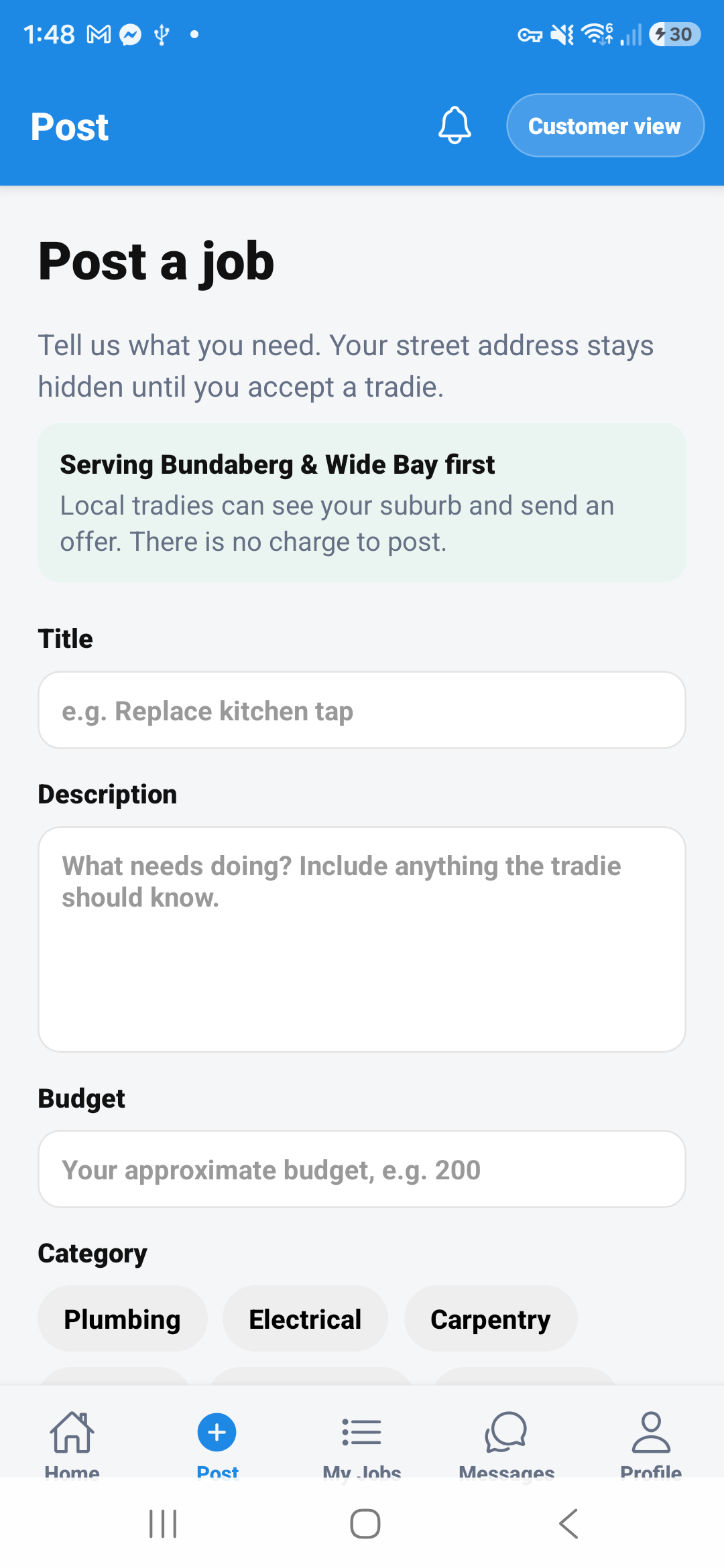 Simple job posting screen